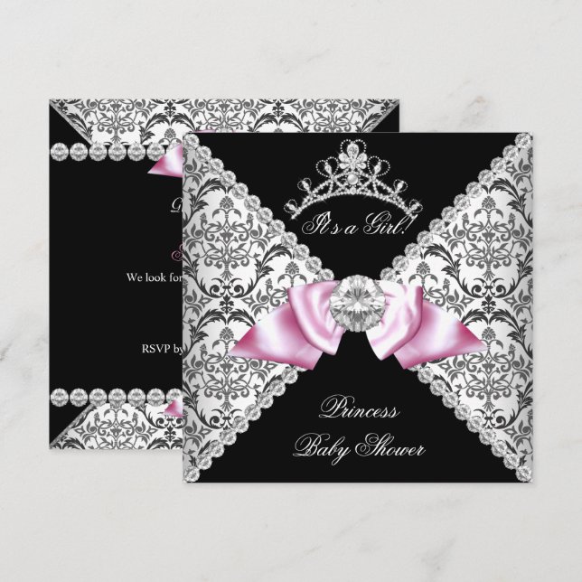 Convite Chuveiro de Bebê Princesa Rosa Damasco Preto (Frente/Verso)