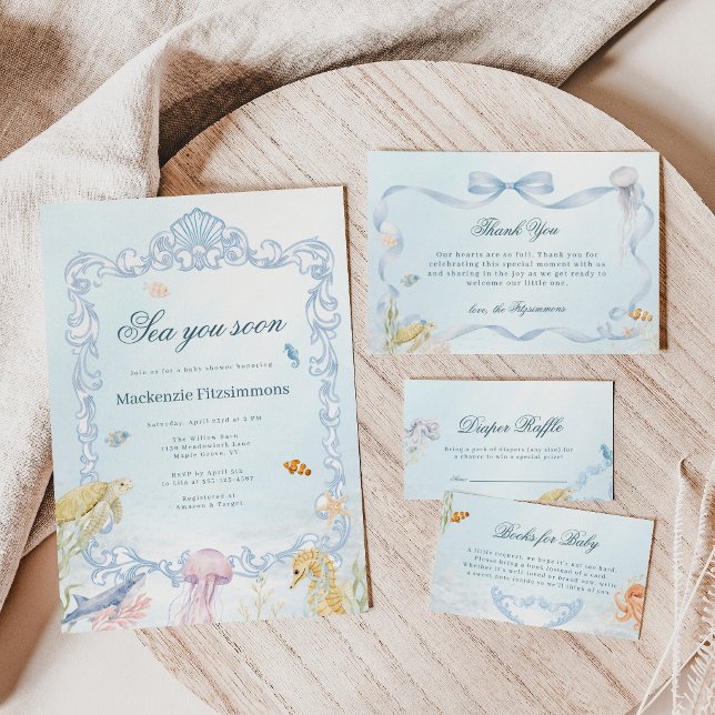 Convite Chuveiro de Bebê Rococó Sea You Soon (Sea You Soon Rococo Baby Shower Invitation )