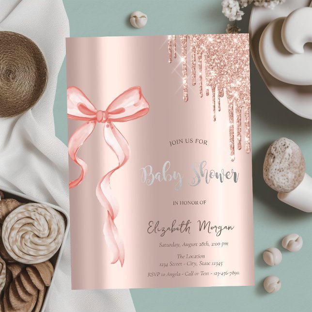 Convite Chuveiro de Bebê Rosa Dourado com Gotejamento e La (Criador carregado)