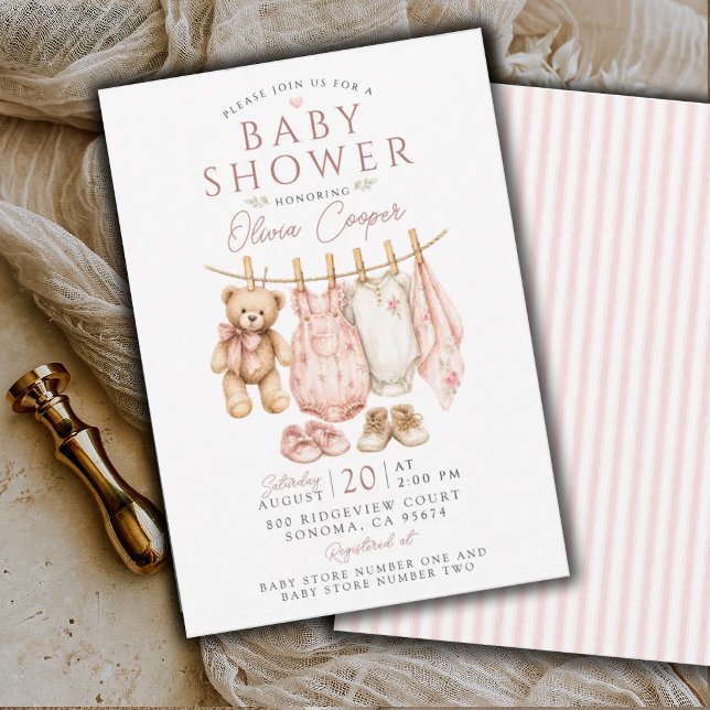 Convite Chuveiro de Bebê Roupa de Bebê Rosa Menina (Criador carregado)