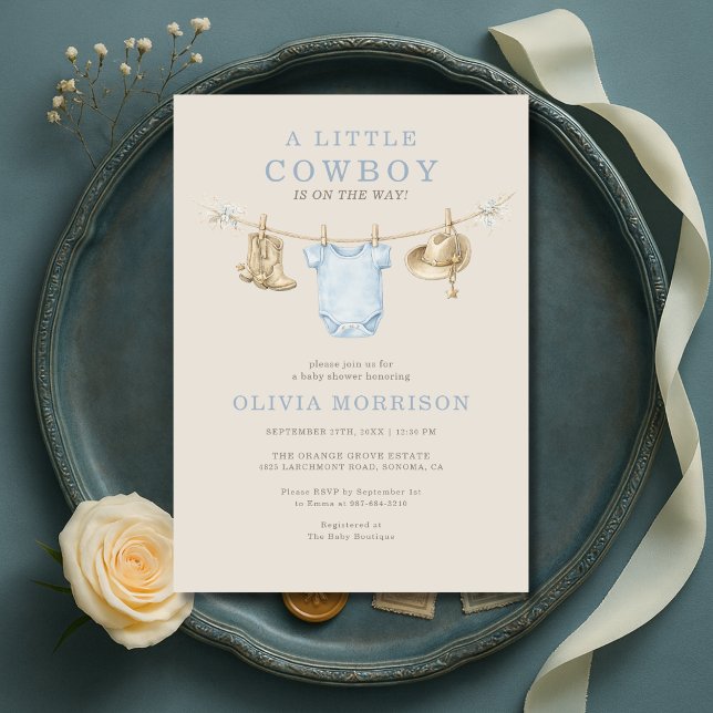 Convite Chuveiro de Bebê Roupa de Cowboy Bebê a Caminho (Criador carregado)