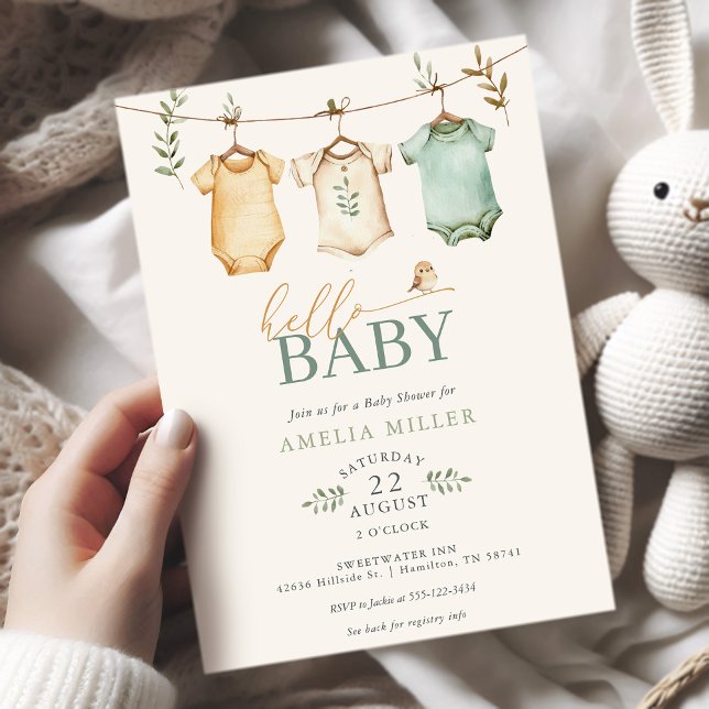 Convite Chuveiro de Bebê Roupas de Bebê em Aguarela Neutra (Neutral Watercolor Baby Clothesline Baby Shower Invitation)
