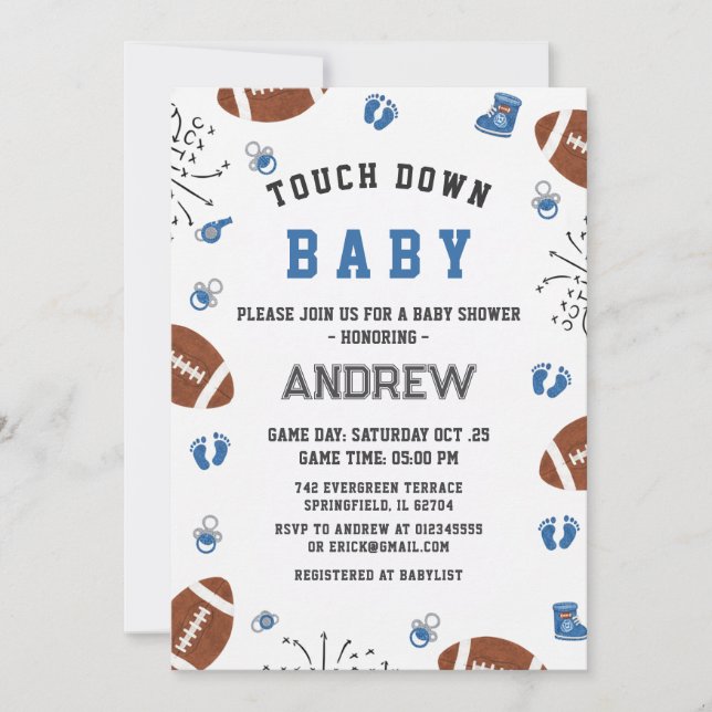 Convite Chuveiro de Bebê Touchdown Personalizado Futebol A (Frente)