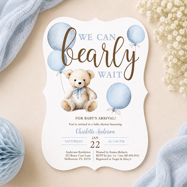 Convite Chuveiro de Bebê Urso Azul Bearly Wait (Blue Bearly waiting baby shower invite)