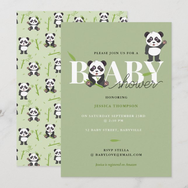 Convite Chuveiro de Bebê Urso Panda Fofo Kawaii Neutro (Frente/Verso)