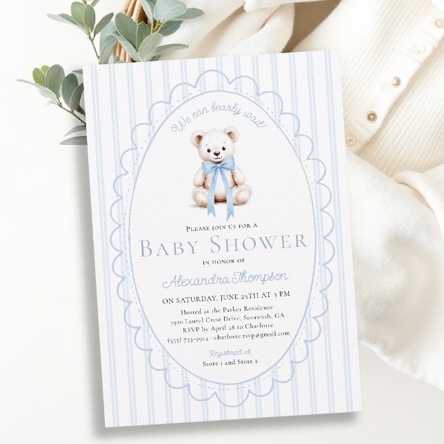 Convite Chuveiro de Bebê Urso Teddy Listras Azuis (bearly wait baby shower invitation traditional classic nursery decor blue stripes teddy bear bow )