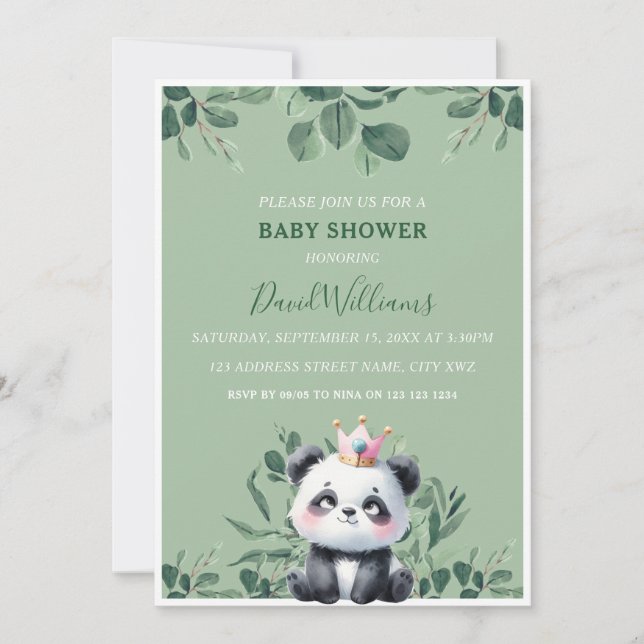 Convite Chuveiro de Bebê Verde Folhagem Panda Fofo (Frente)