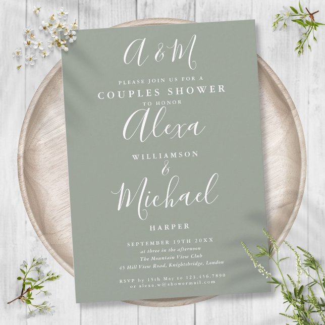 Convite Chuveiro De Casamento Casal Monograma Script Verde (Script Monogram Sage Green Couples Wedding Shower Invitation)