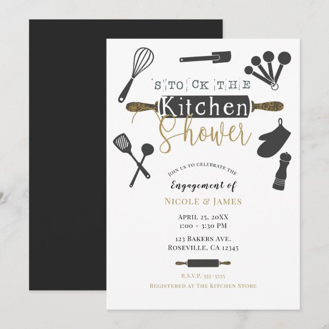 Convite Chuveiro de Engajamento de Cozinha Moderna Minimal (Frente/Verso)