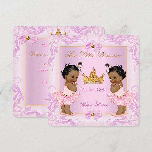 Convite Chuveiro de Gêmeos Princesa Coroa Menina Rosa Étni (Frente/Verso)