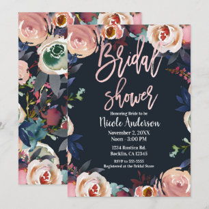Convite Chuveiro de Noiva Azul Rosa Dourado Floral Moderno