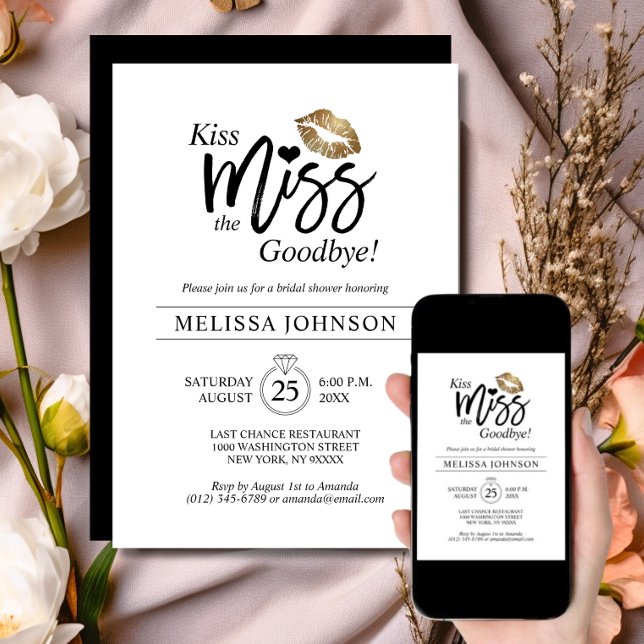 Convite Chuveiro de Noiva Beijo Moderno Adeus Ouro Lábios (Modern Kiss Miss Goodbye Gold Lips Bridal Shower Invitation | Bachelorette)