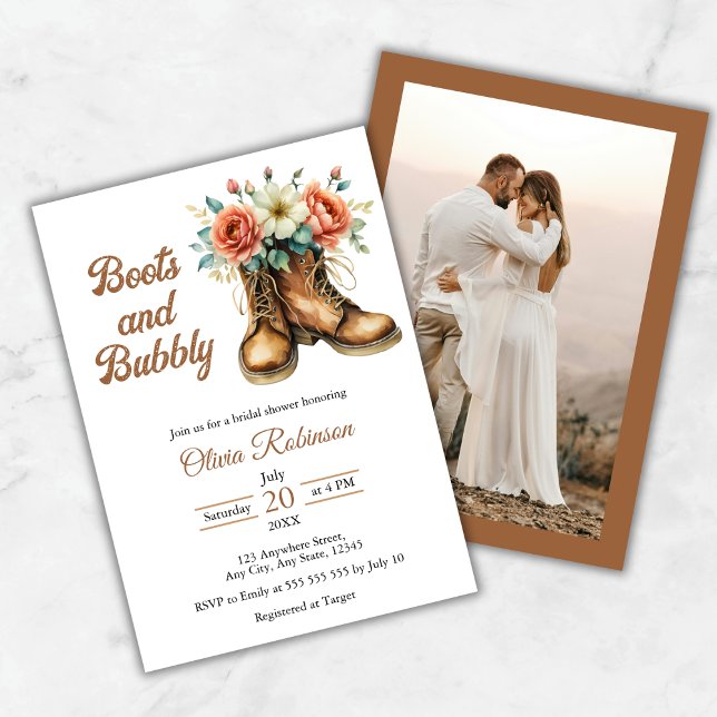 Convite Chuveiro de Noiva Botas Rústicas e Espumante (Photo Rustic Boots and Bubbly Bridal Shower Invitation )