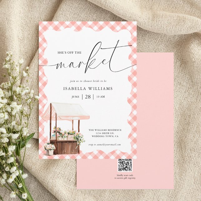 Convite Chuveiro de Noiva Caprichoso Fora do Mercado (The front and back of the invitation are shown at a 5x7 inch. Choose size, paper, + corner style.)