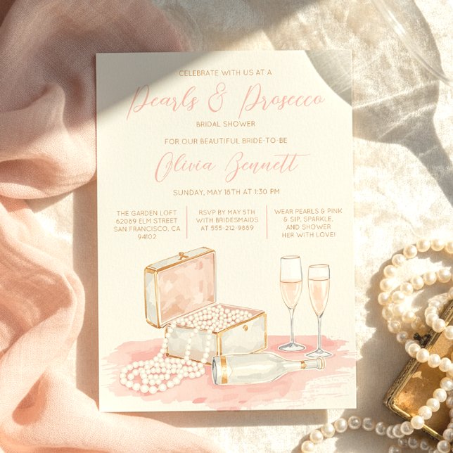 Convite Chuveiro de Noiva Charme Elegante Pérolas e Prosec (Charming Elegant Pearls & Prosecco Bridal Shower Invitation
)