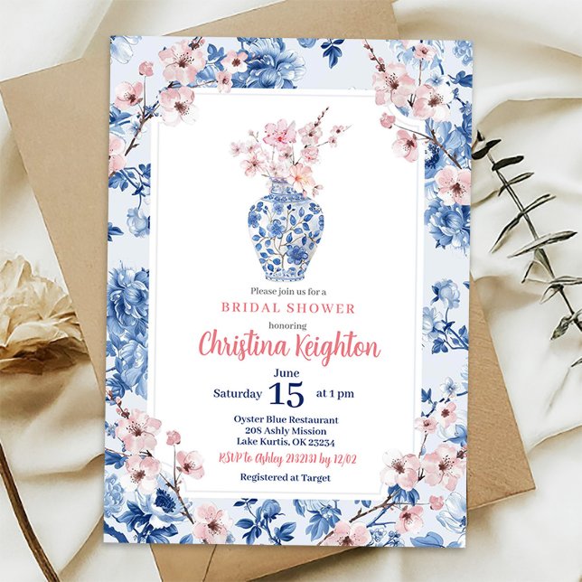 Convite Chuveiro de Noiva Chinoiserie Rosa Flor de Cerejei (Criador carregado)