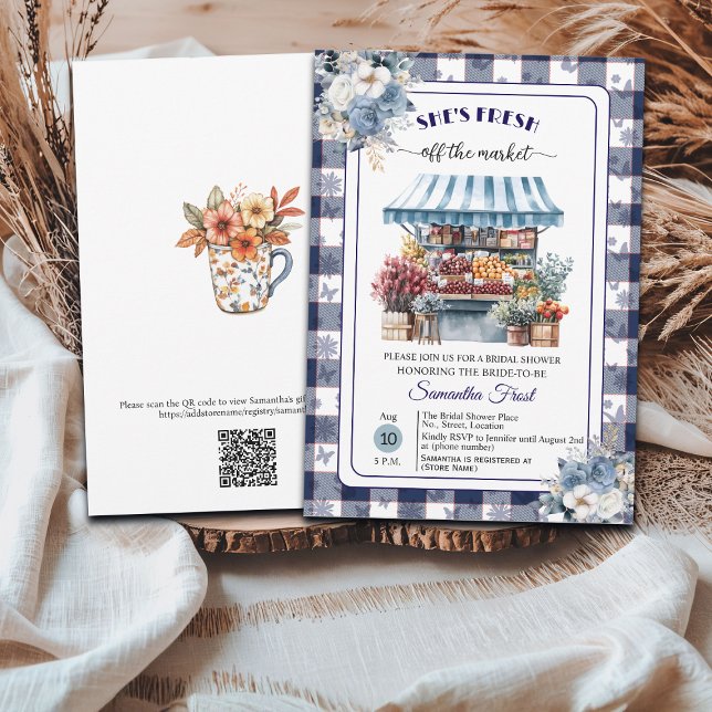 Convite Chuveiro de Noiva Código QR Blue Gingham Off the M (Criador carregado)