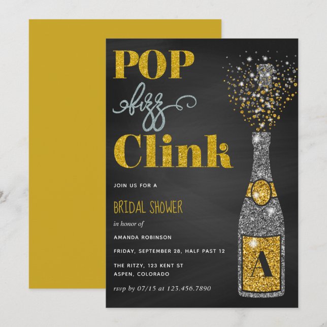 Convite Chuveiro de noiva com glitter e lousa de giz Pop f (Frente/Verso)