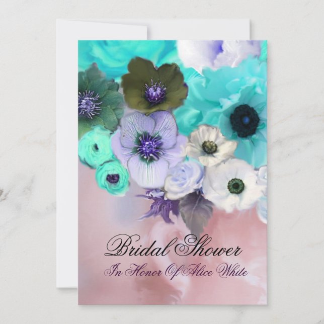 CONVITE CHUVEIRO DE NOIVA COM ROSAS TEAL ROSA E FLORES DE  (Frente)