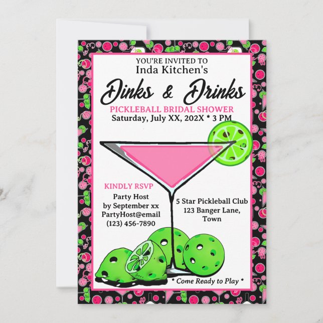 Convite Chuveiro de Noiva de Pickleball Dinks & Drinks Ros (Frente)