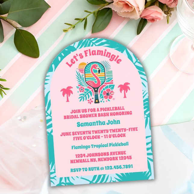 Convite Chuveiro de Noiva de Pickleball Flamingo Tropical  (Bridal Shower Invitation)