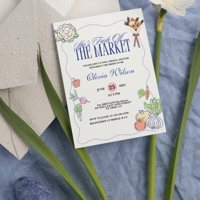 Convite Chuveiro de Noiva Fresh Off the Market Caprichoso  (fresh off the market bridal shower invitations whimsical  quirky fruits and vegetables  )