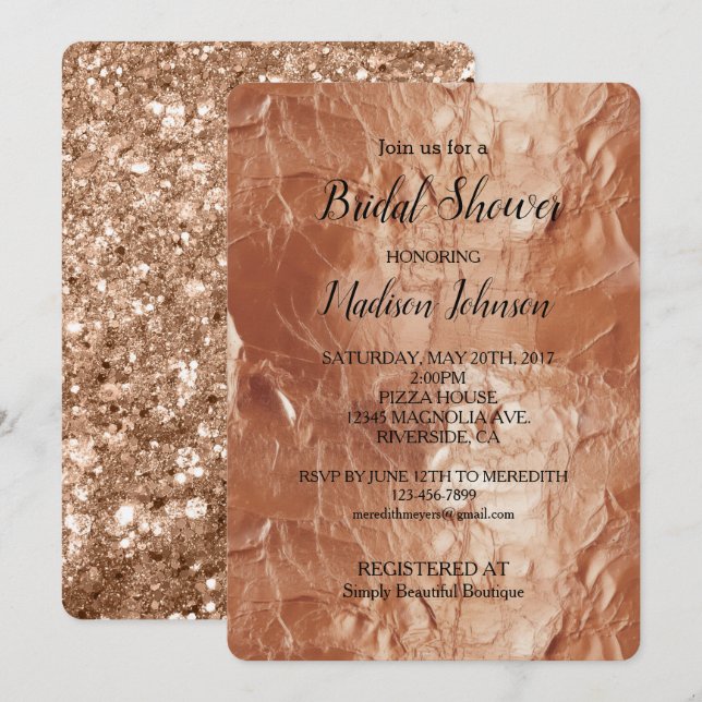 Convite Chuveiro de Noiva Glam Rose Gold Glitter (Frente/Verso)