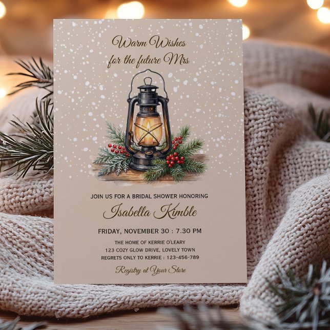Convite Chuveiro de Noiva Lanterna Aconchegante Desejos Qu (Warm wishes for the future mrs. Cozy lantern winter bridal shower invitation by Darling & May)