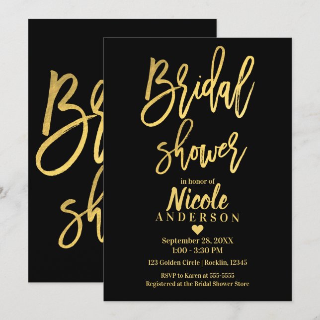 Convite CHUVEIRO DE NOIVA Moderno Script Dourado Preto com (Frente/Verso)