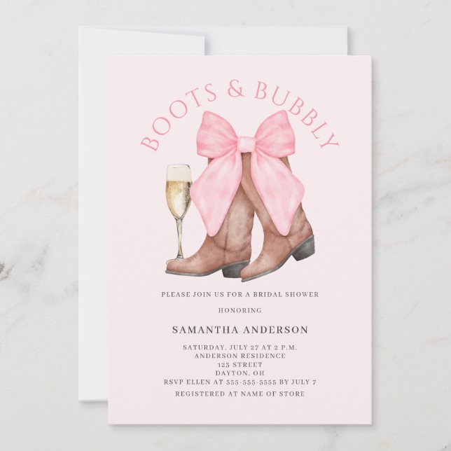 Convite Chuveiro de Noiva Ocidental Borbulhante Botas Rosa (Frente)