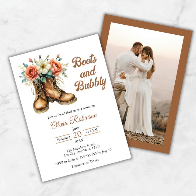 Convite Chuveiro de Noiva Ocidental Botas e Bubbly (Photo Rustic Boots and Bubbly Western Bridal Shower Invitation   )