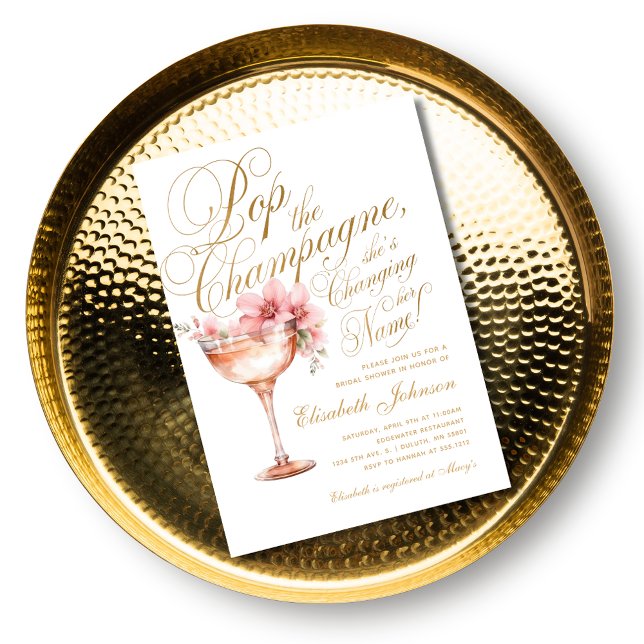 Convite Chuveiro de Noiva Rosa Dourado Floral Estouro de C (Pink Gold Floral Pop the Champagne Bridal Shower Invitation)