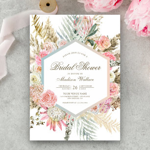 Convite Chuveiro de Noiva Rosa Floral Boho Pampas
