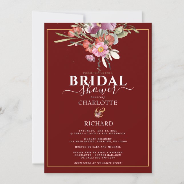 Convite Chuveiro de Noiva Rosa Vibrante Floral com E comer (Frente)