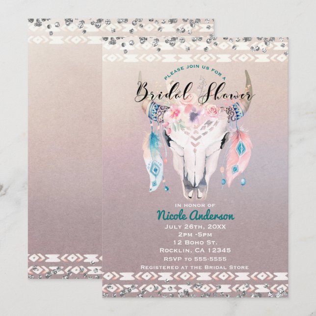 Convite Chuveiro de Noiva Rústico Glam Boho Floral Crânio  (Frente/Verso)