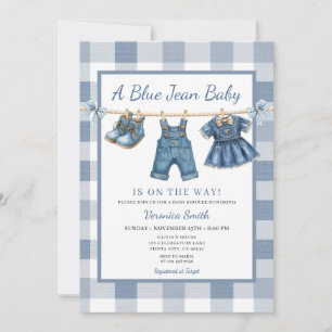 Convite Chuveiro de Roupas de Bebê em Jeans Azul Elegante