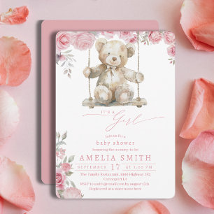 Convite Chuveiro de Urso de Balanço Rústico Rosa Corado