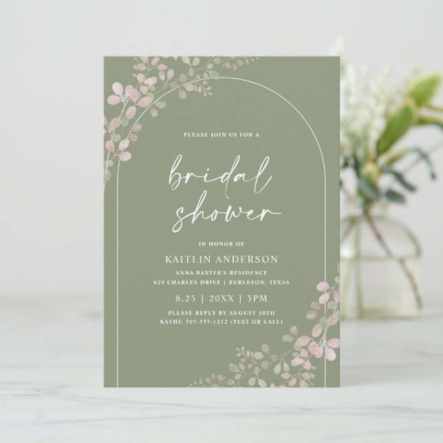 Convite Chuveiro Nupcial Arco Boho Folhagem Verde Salvia (Em pé/Frente)