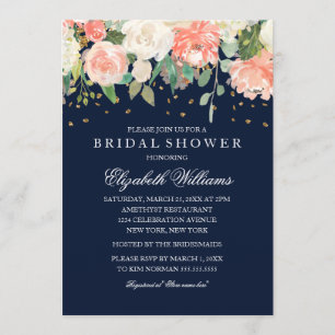 Convite Chuveiro Nupcial Brilhante com Glitter Floral Azul