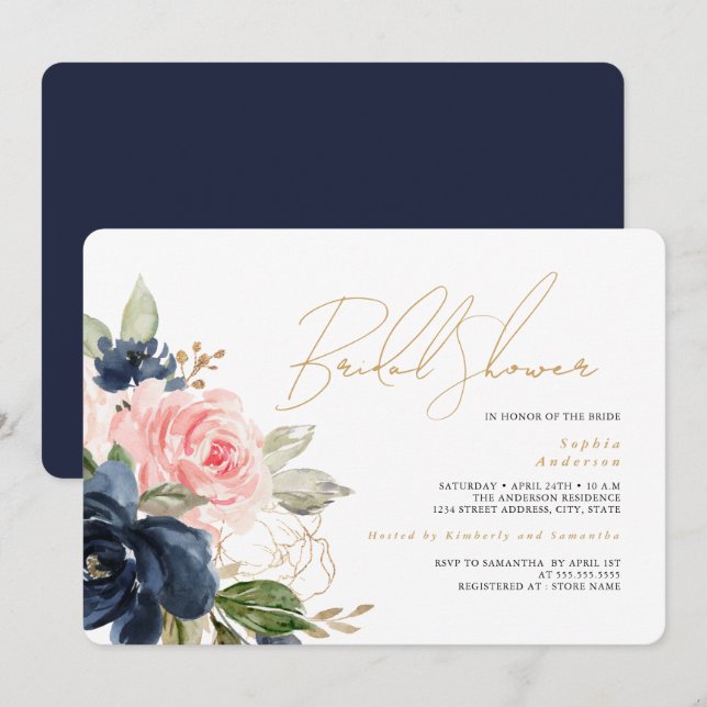 Convite Chuveiro Nupcial Floral Azul Dourado (Frente/Verso)