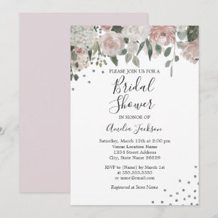 Convite Chuveiro Nupcial Floral com Aquarela Prata e Rubor