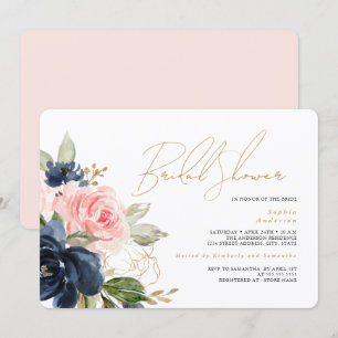 Convite Chuveiro Nupcial Rosa Dourado Floral Navy