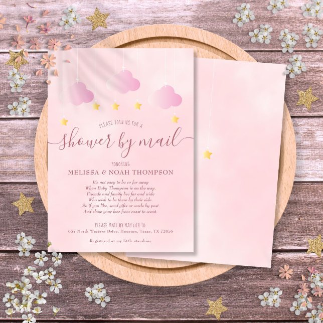 Convite Chuveiro Por Envio Longa Distância Rosa Suave Bebê (Shower By Mail Long Distance Soft Pink Baby Girl Invitation)