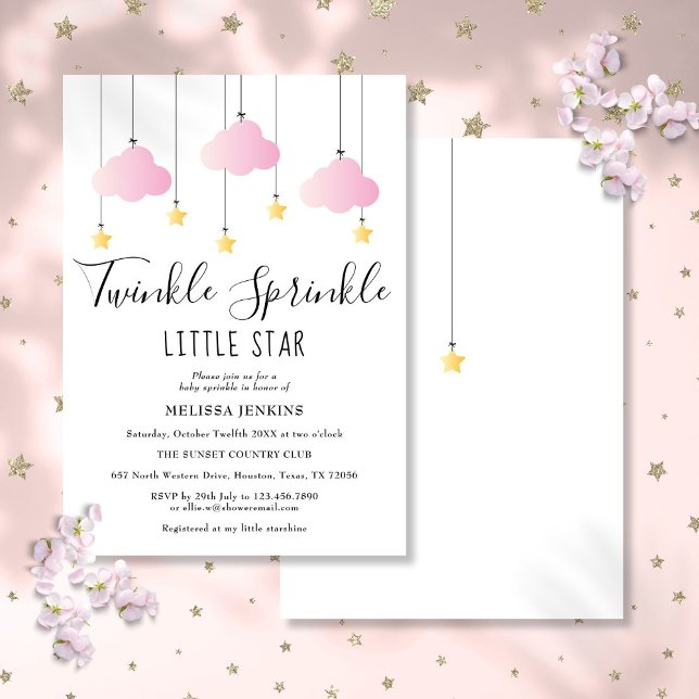 Convite Chuvisco Brilho Estrela Pequena Rosa Menina Chás d (Twinkle Sprinkle Little Star Pink Girl Baby Shower Invitation)