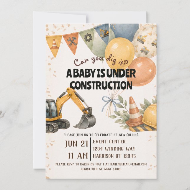 Convite Chuvoso Baby Shower em Construção (Frente)