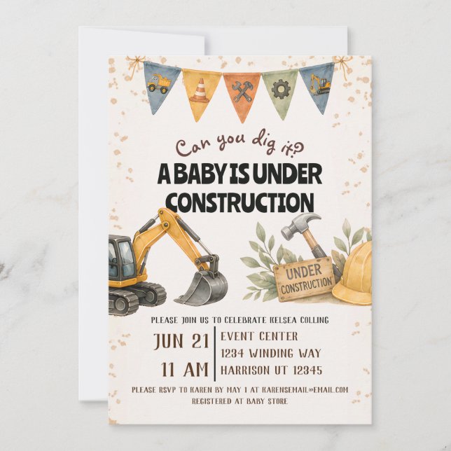 Convite Chuvoso Baby Shower em Construção (Frente)