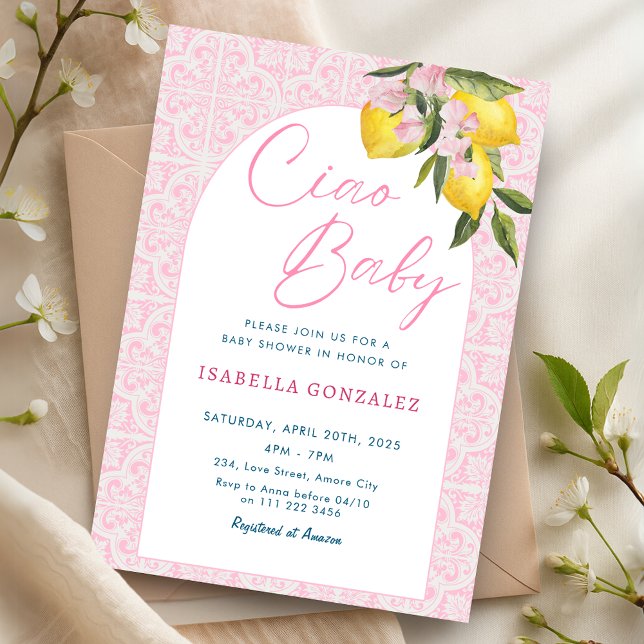 Convite Ciao Baby Bambina Amalfi Chá de fraldas Italiano (Ciao Baby Bambina Amalfi Italian Baby Shower Invitation)