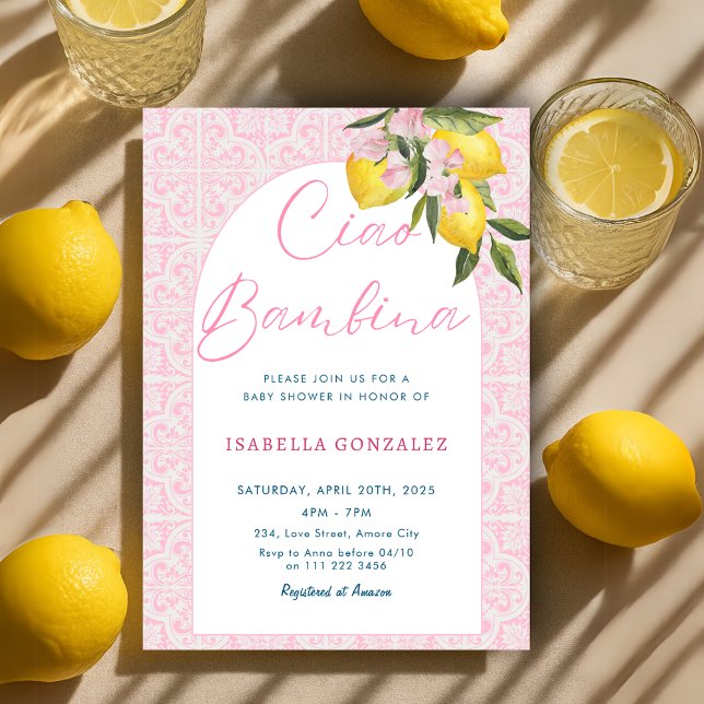 Convite Ciao Baby Bambina Amalfi Chá de fraldas Italiano (Ciao Baby Bambina Amalfi Italian Baby Shower Invitation)