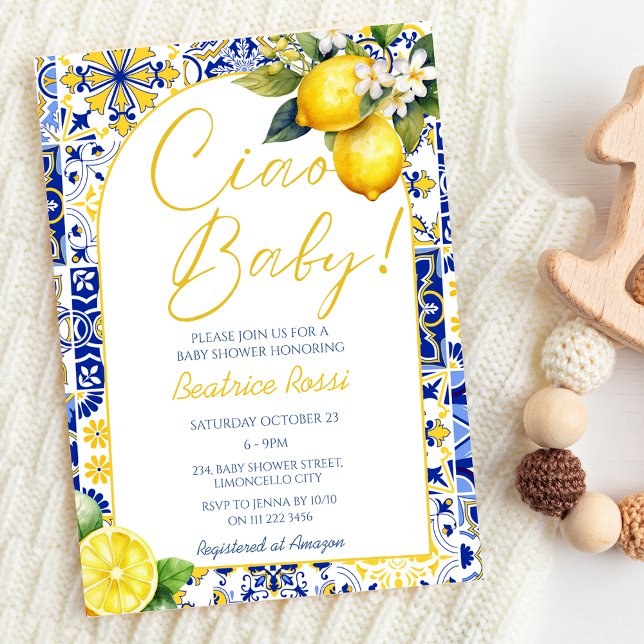 Convite Ciao Baby Blue Azulejos Lemon Amalfi Arco Chá de f (Ciao Baby Blue Tiles Lemon Amalfi Arch Baby Shower Invitation)