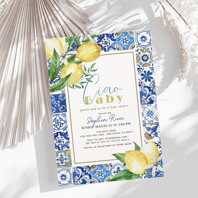 Convite Ciao Baby Blue Tile Citrus Lemon Baby Shower (Criador carregado)